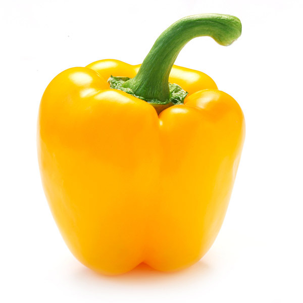 En elegant Paprika gul, Närodlad gul paprika med naturligt utseende och känsla. Detaljerad utformning med realistiskt bladverk. 